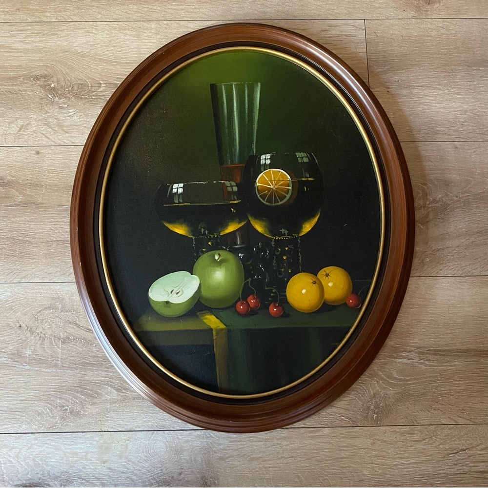 Vintage painting A Still Life wine cocktails lemons cherries oil painting